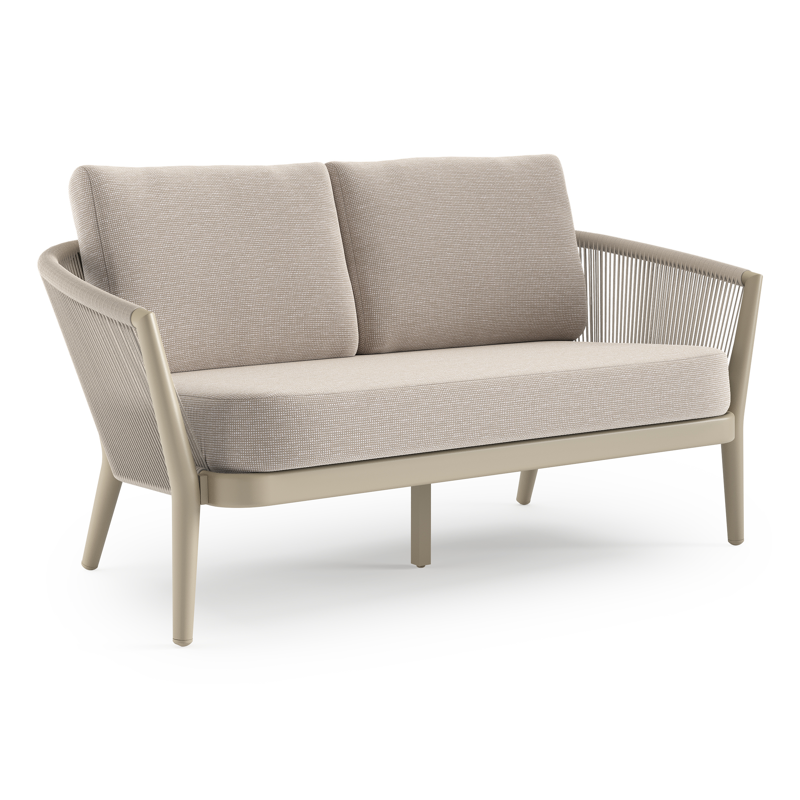 Canapé de jardin Orso en aluminium beige en corde ronde tissée verticalement beige et coussins en all weather sunbrella® luxe Slow Farafra