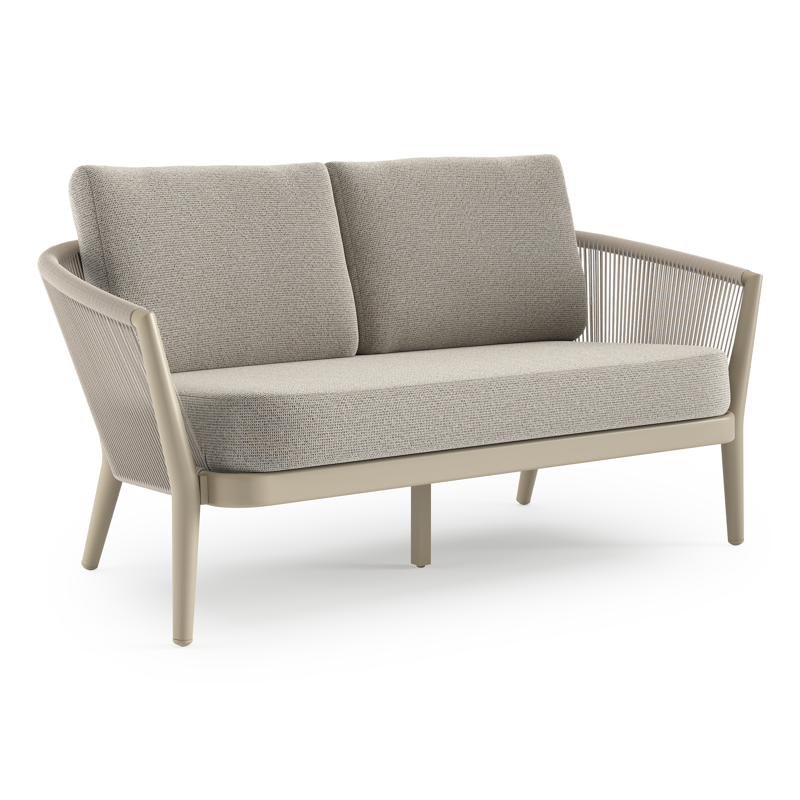Orso loungebank in beige aluminium en beige verticaal geweven ronde rope met Firenze Sand all weather solica kussen
