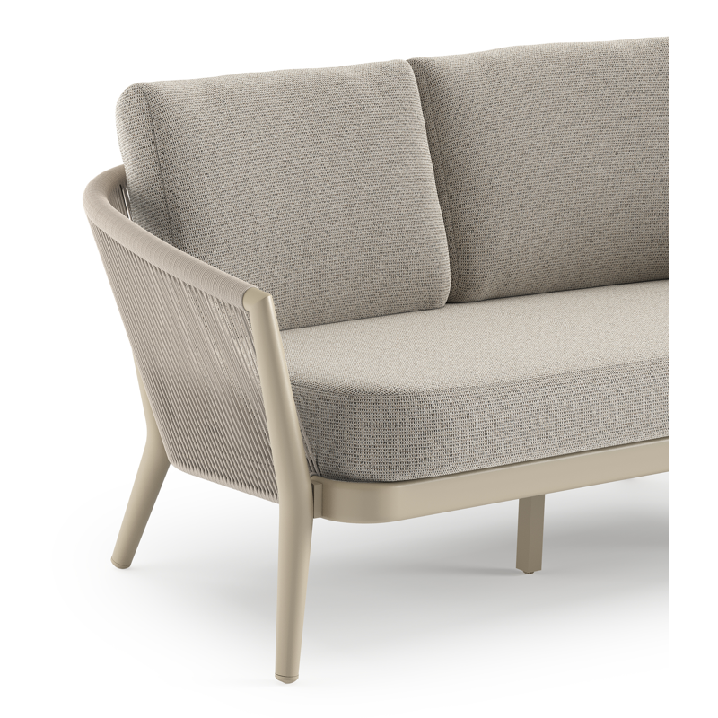 Orso loungebank in beige aluminium en beige verticaal geweven ronde rope met Firenze Sand all weather solica kussen