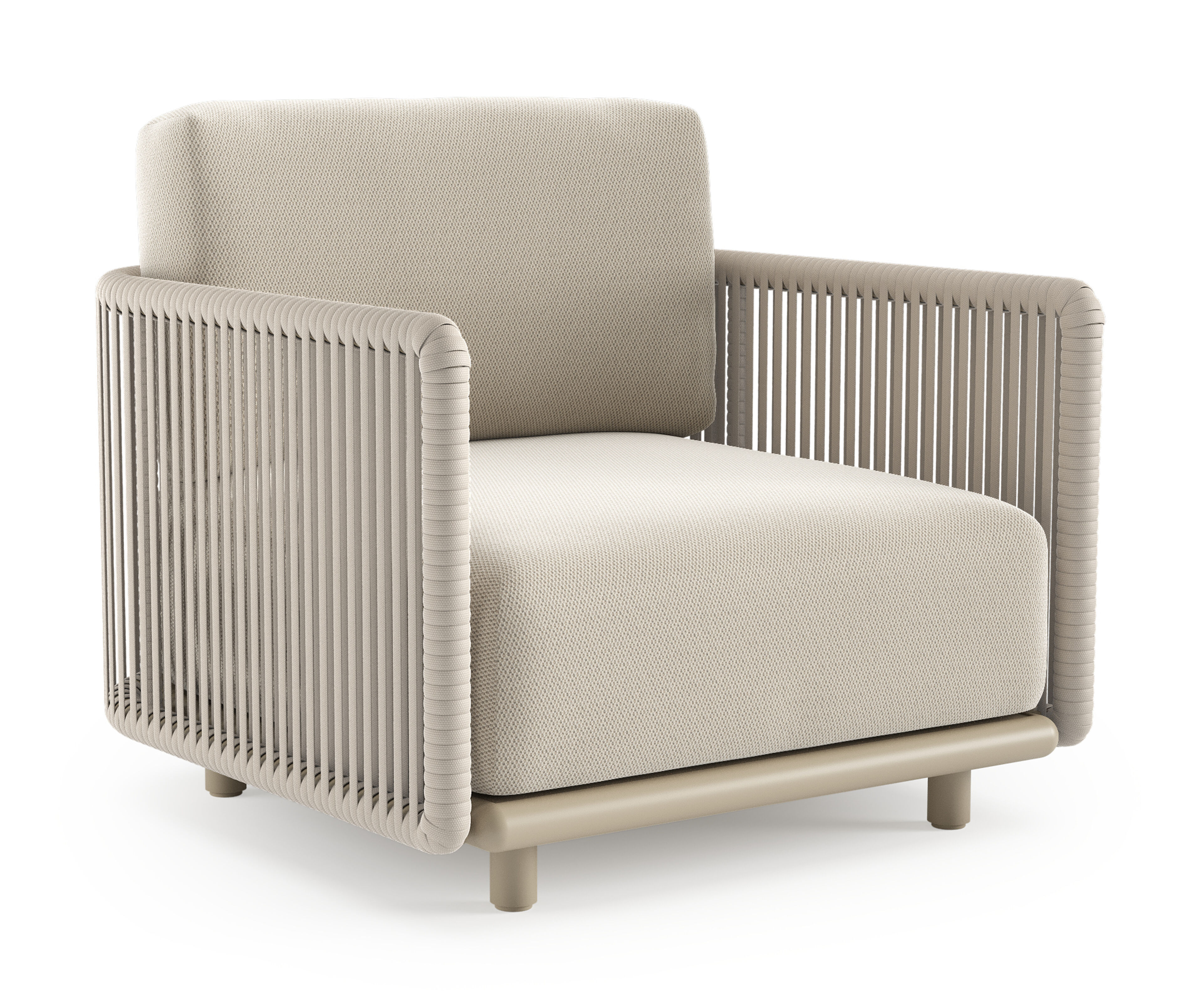 Fauteuil de jardin Organo en aluminium beige et corde luxe plate tissée verticalement beige et coussin en all weather Sunbrella® luxe lopi marble
