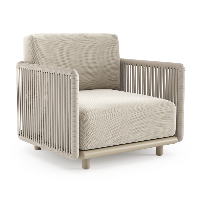 Organo loungestoel in beige aluminium en beige verticaal geweven luxe vlakke rope met lopi marble all weather Sunbrella® luxe kussen