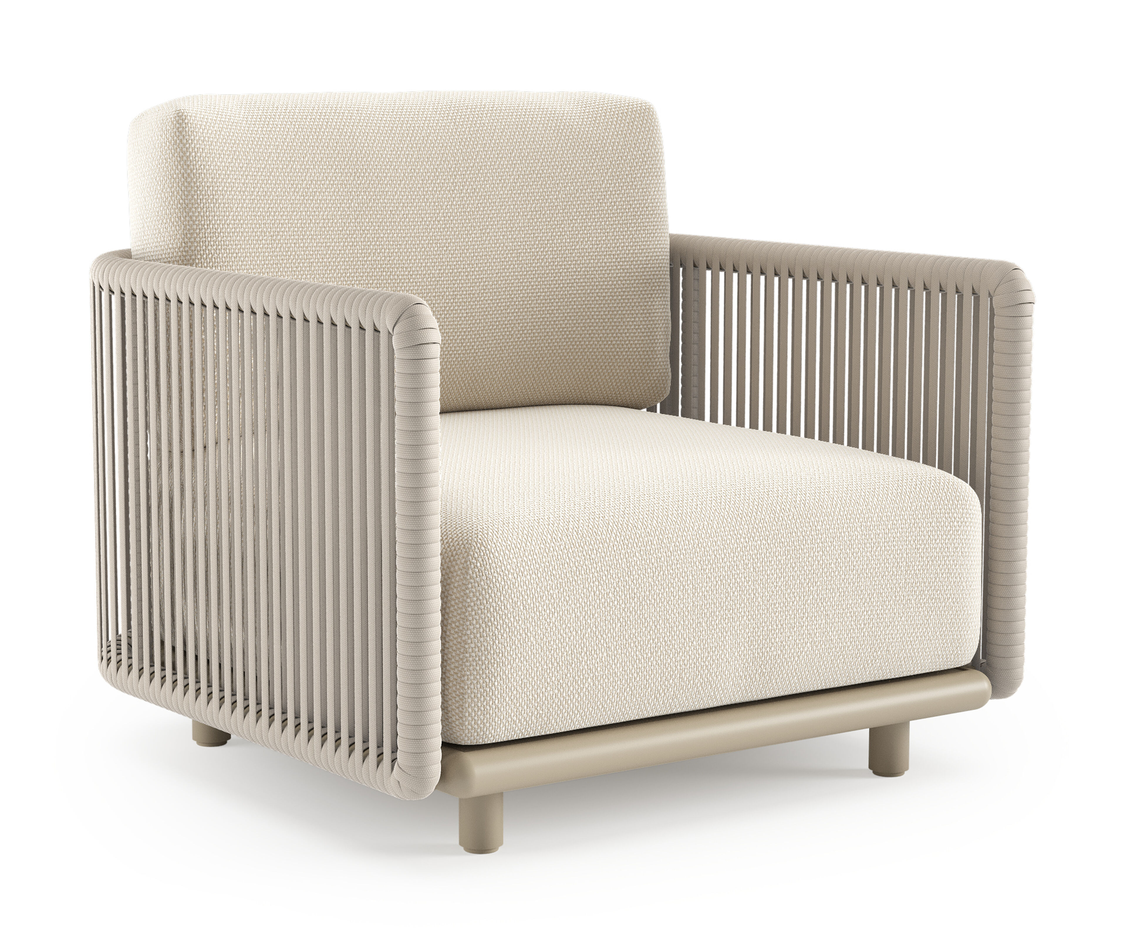 Fauteuil de jardin Organo en aluminium beige et corde luxe plate tissée verticalement beige et coussin en all weather Cosytica althea off white