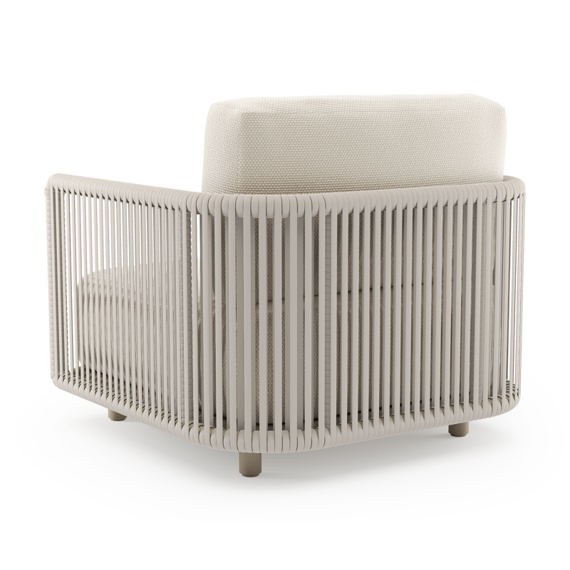Fauteuil de jardin Organo en aluminium beige et corde luxe plate tissée verticalement beige et coussin en all weather Cosytica althea off white