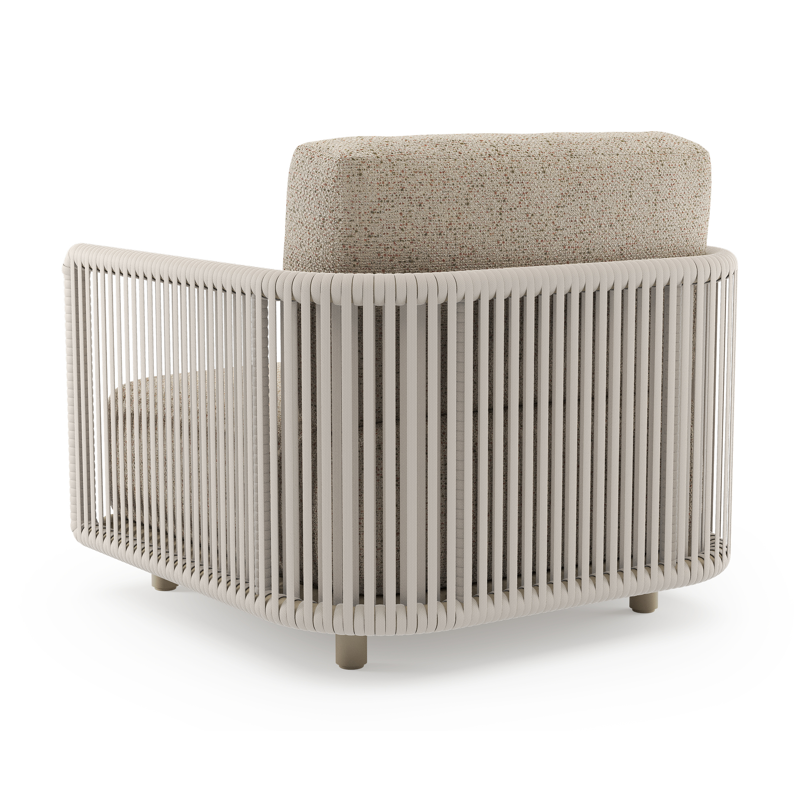 Organo loungestoel in beige aluminium en beige verticaal geweven luxe vlakke rope met bora jungle all weather Cosytica kussen