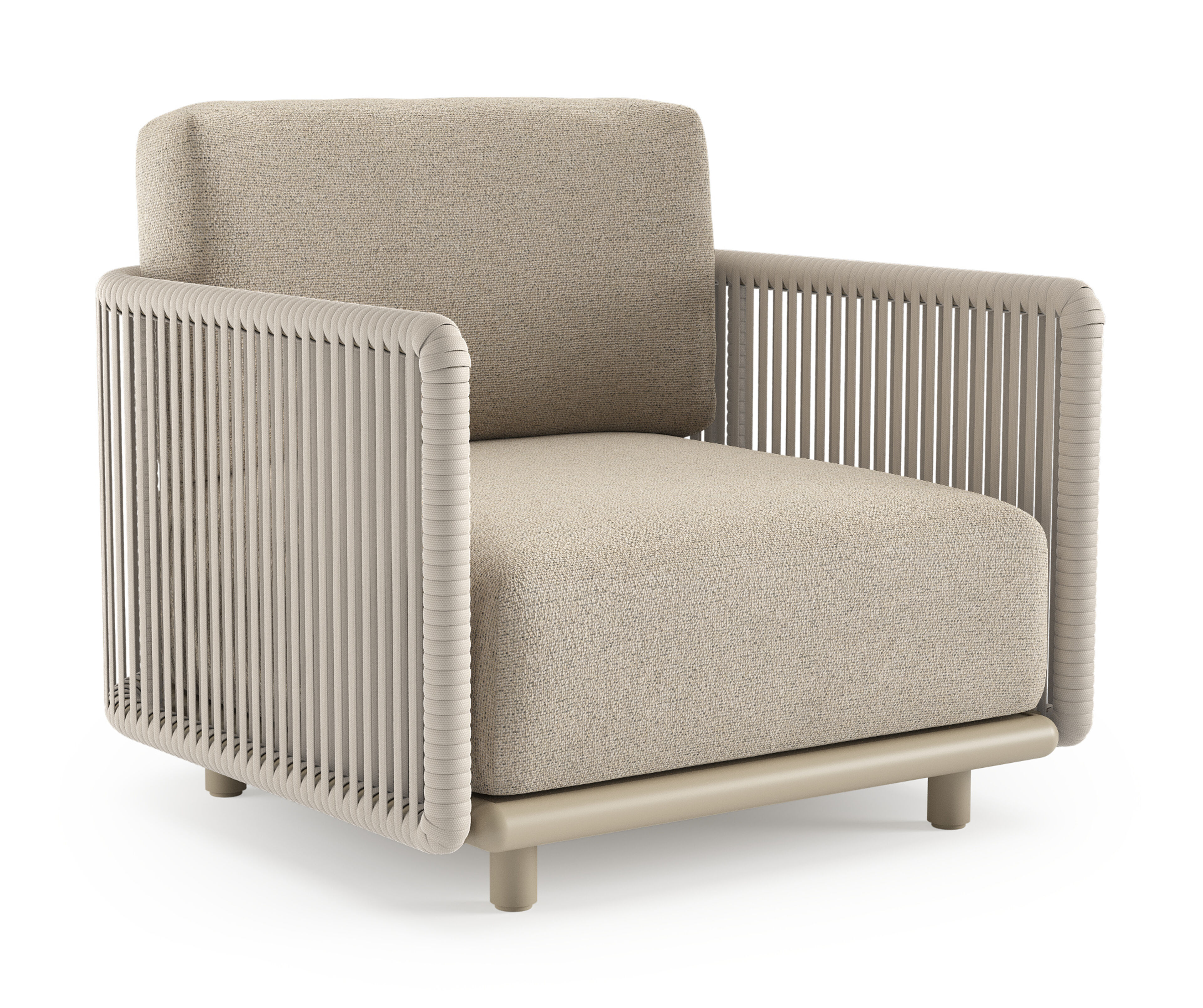 Fauteuil de jardin Organo en aluminium beige et corde luxe plate tissée verticalement beige et coussins en All Weather Cosytica marbella beige