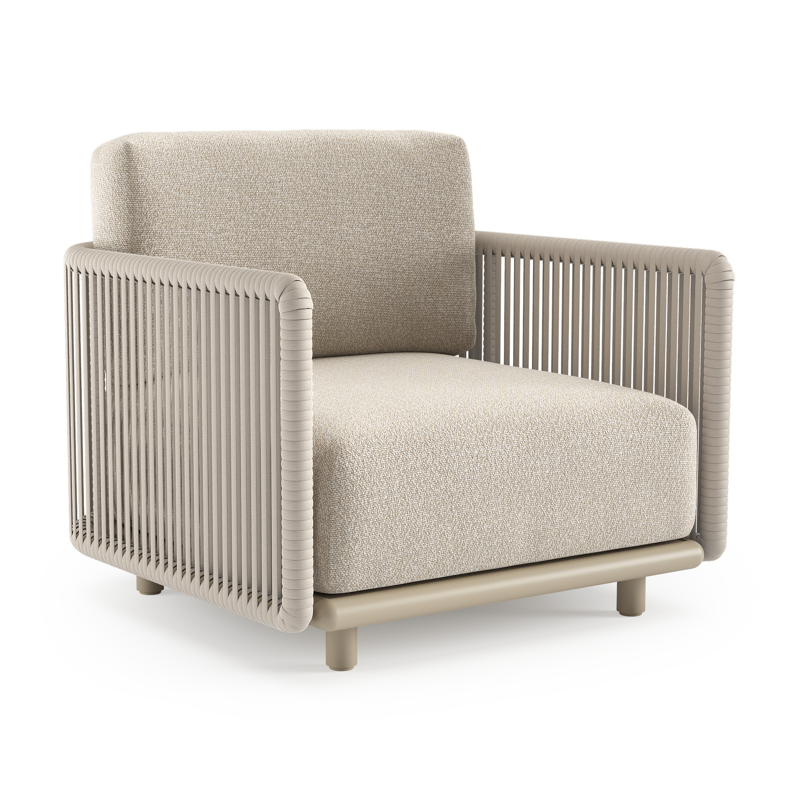 Organo loungestoel in beige aluminium en beige verticaal geweven luxe vlakke rope met marbella ecru all weather Cosytica kussen