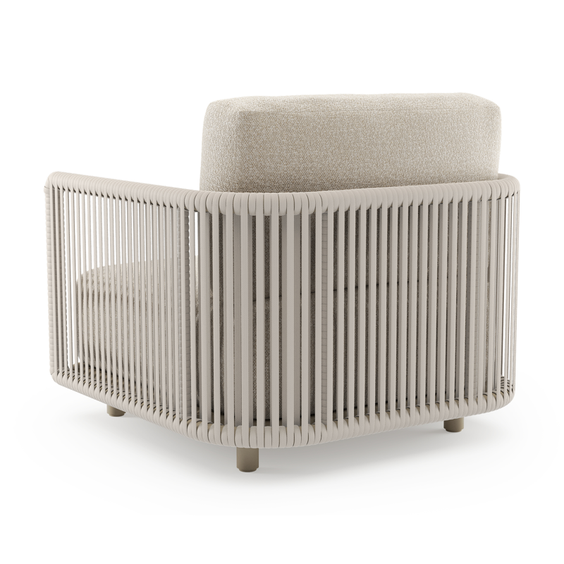Organo loungestoel in beige aluminium en beige verticaal geweven luxe vlakke rope met marbella ecru all weather Cosytica kussen