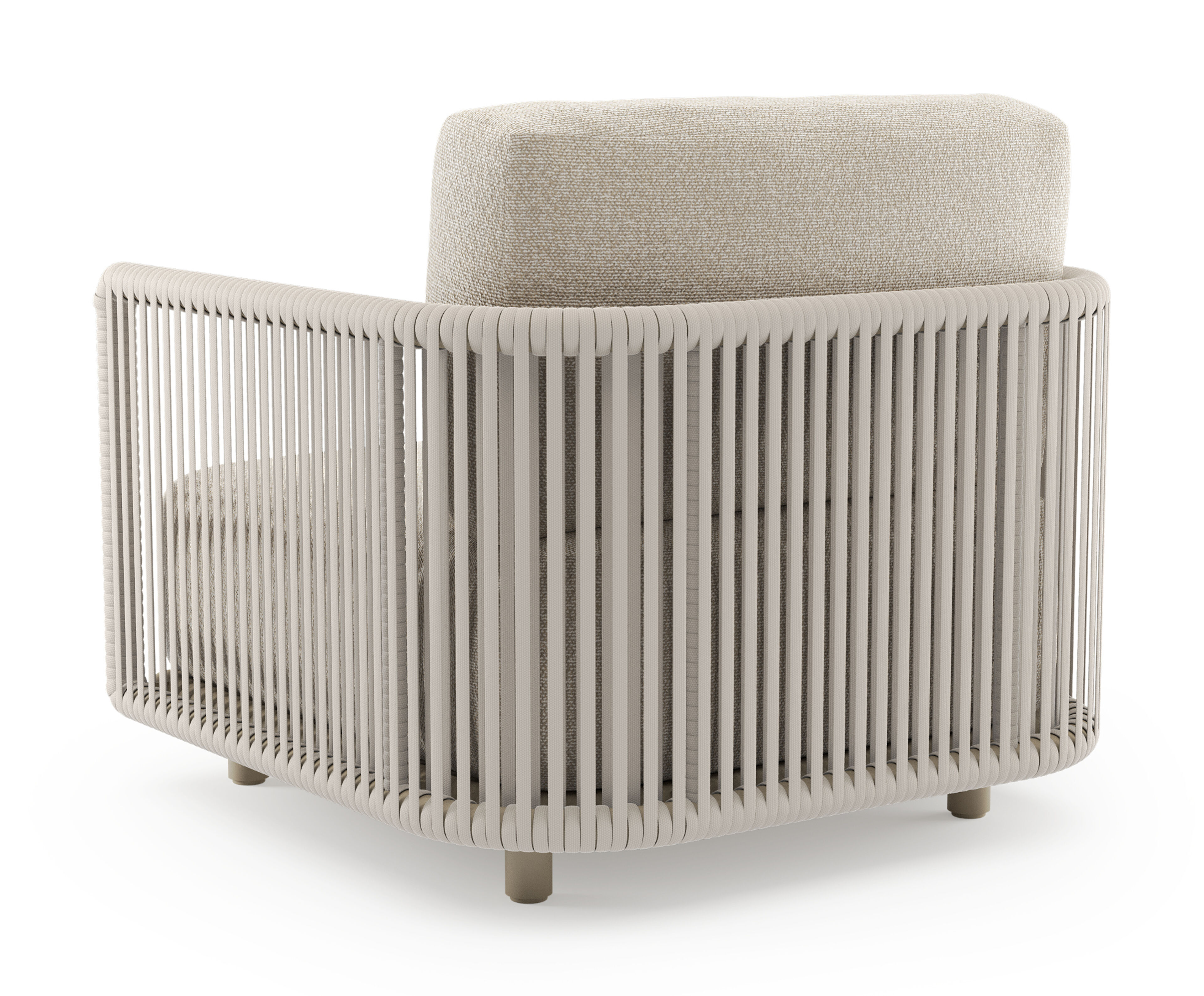 Organo loungestoel in beige aluminium en beige verticaal geweven luxe vlakke rope met marbella ecru all weather Cosytica kussen