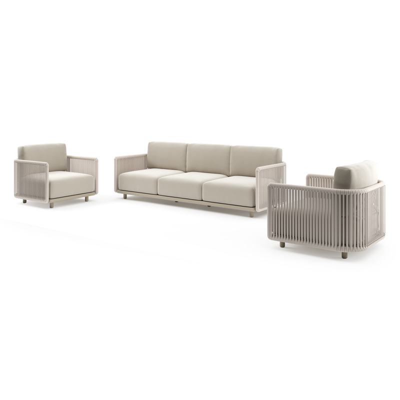 Organo loungeset in beige aluminium en beige verticaal geweven luxe vlakke rope met lopi marble all weather Sunbrella® luxe kussen