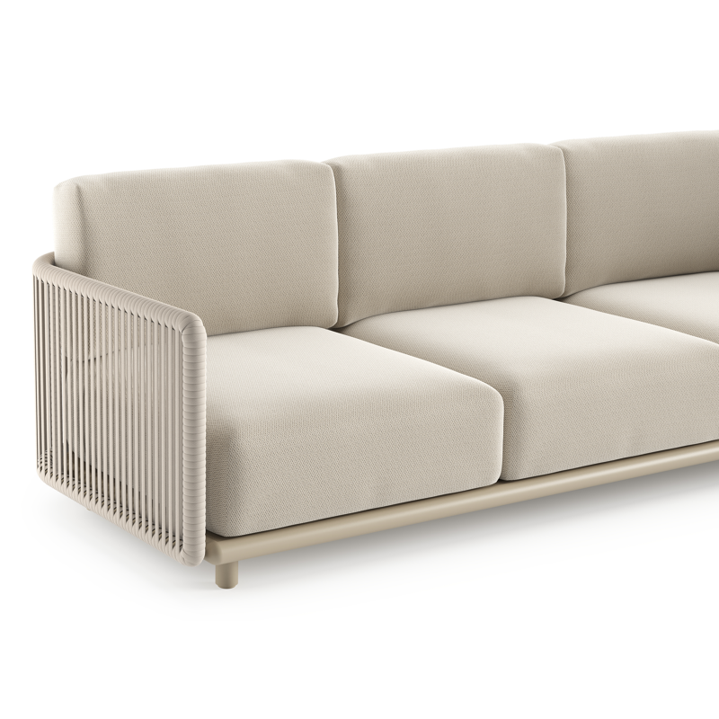 Organo loungeset in beige aluminium en beige verticaal geweven luxe vlakke rope met lopi marble all weather Sunbrella® luxe kussen