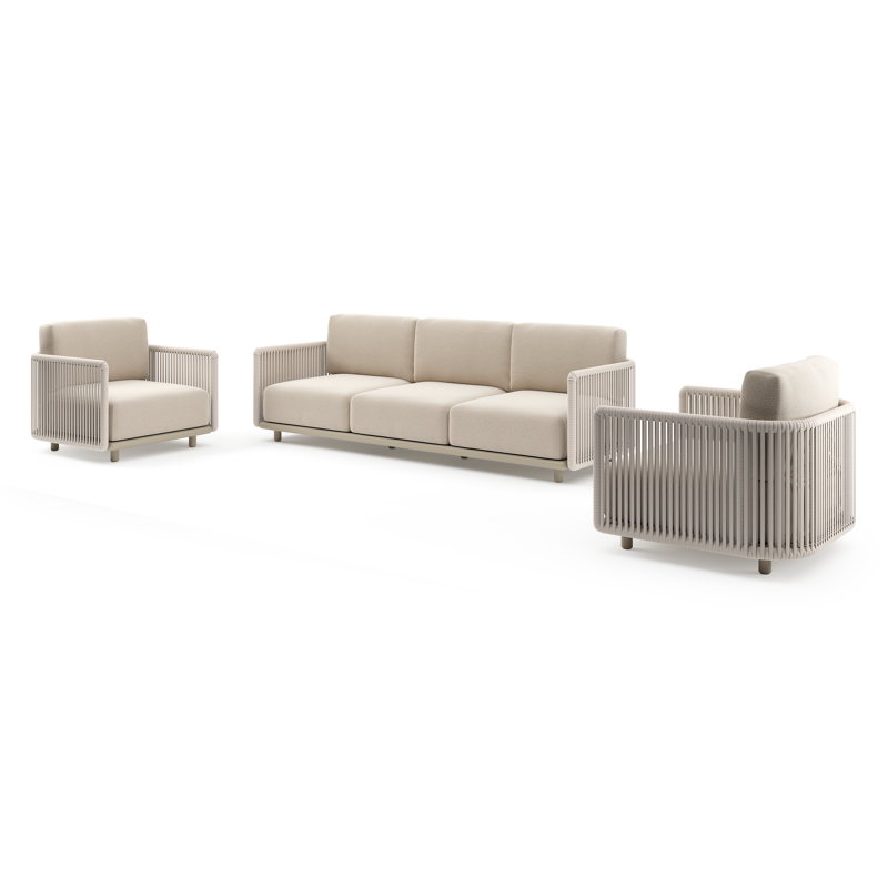 Salon de jardin Organo en aluminium beige et corde luxe plate tissée verticalement beige et coussin en all weather Sunbrella® luxe lopi sand