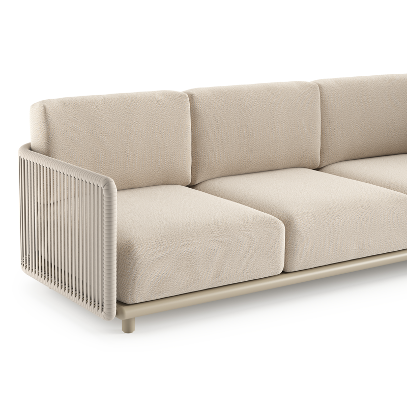 Salon de jardin Organo en aluminium beige et corde luxe plate tissée verticalement beige et coussin en all weather Sunbrella® luxe lopi sand