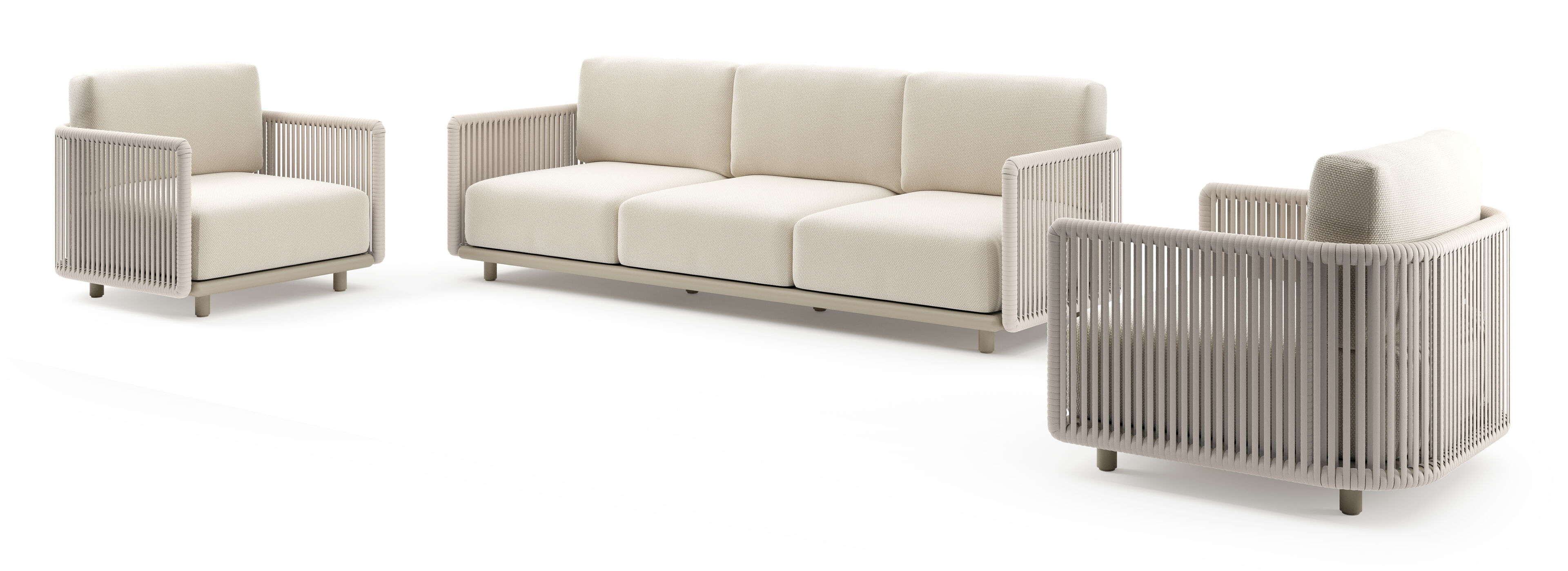 Salon de jardin Organo en aluminium beige et corde luxe plate tissée verticalement beige et coussin en all weather Cosytica althea off white