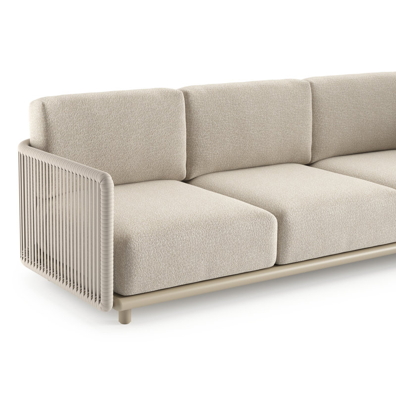 Salon de jardin Organo en aluminium beige et corde luxe plate tissée verticalement beige et coussin en all weather Cosytica marbella ecru