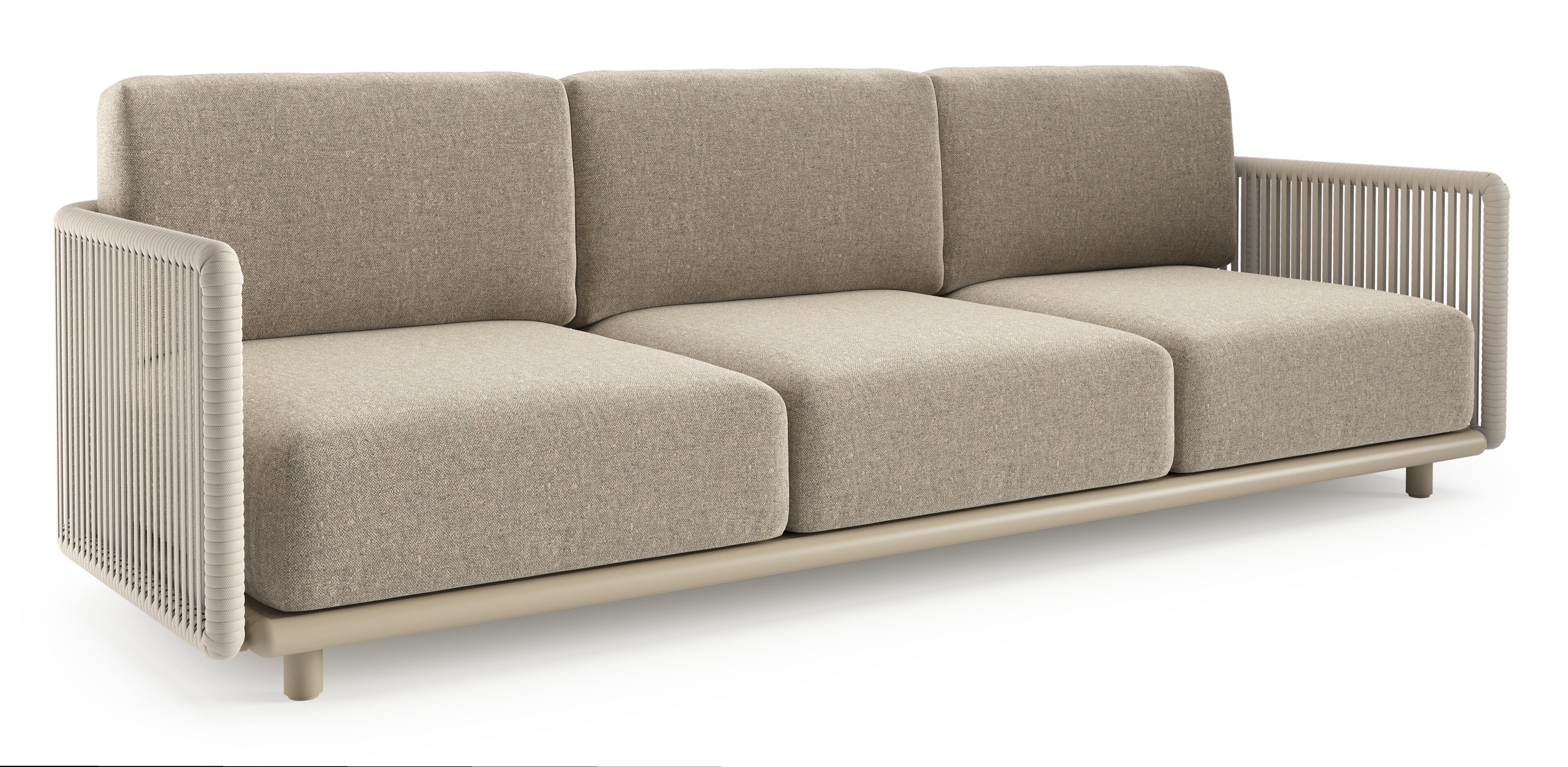 Organo loungebank in beige aluminium en beige verticaal geweven luxe vlakke rope met chartres pewter all weather Sunbrella® luxe kussen