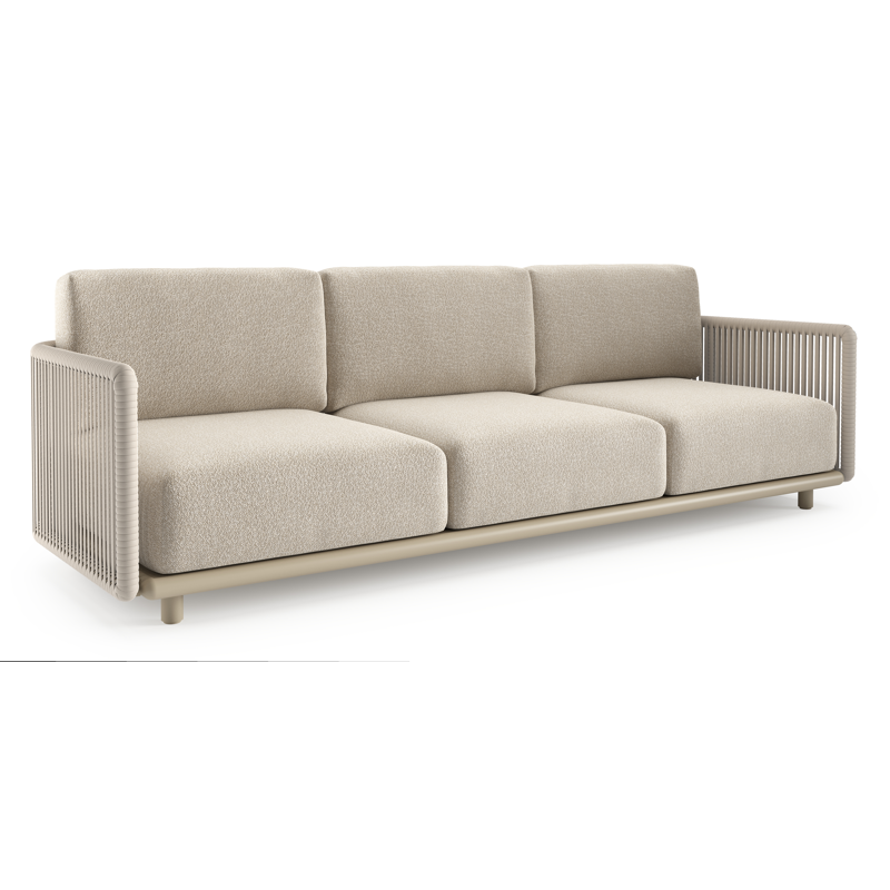 Canapé de jardin Organo en aluminium beige et corde luxe plate tissée verticalement beige et coussin en all weather Cosytica marbella ecru