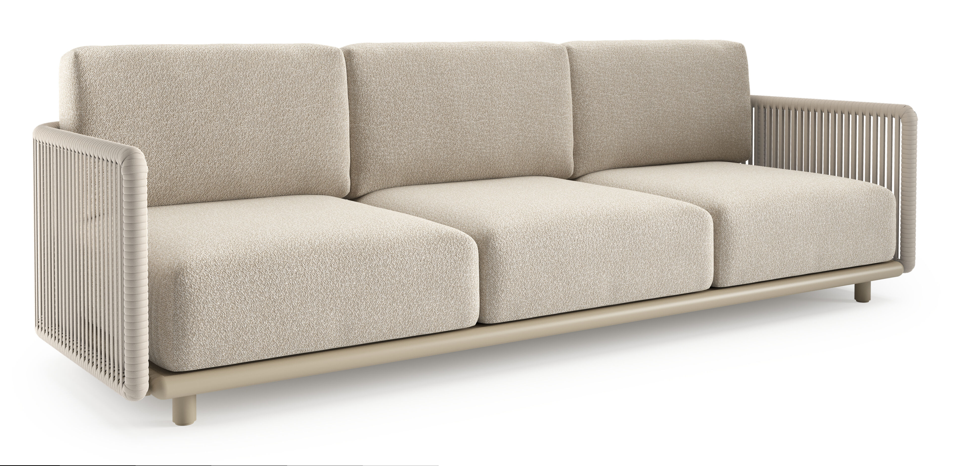 Canapé de jardin Organo en aluminium beige et corde luxe plate tissée verticalement beige et coussin en all weather Cosytica marbella ecru