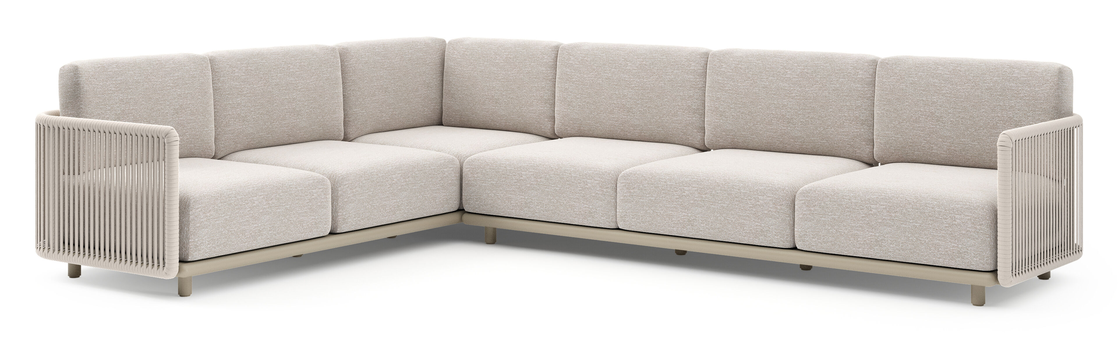 Organo loungehoek in beige aluminium en beige verticaal geweven luxe vlakke rope met tundra sand all weather Sunbrella® luxe kussen