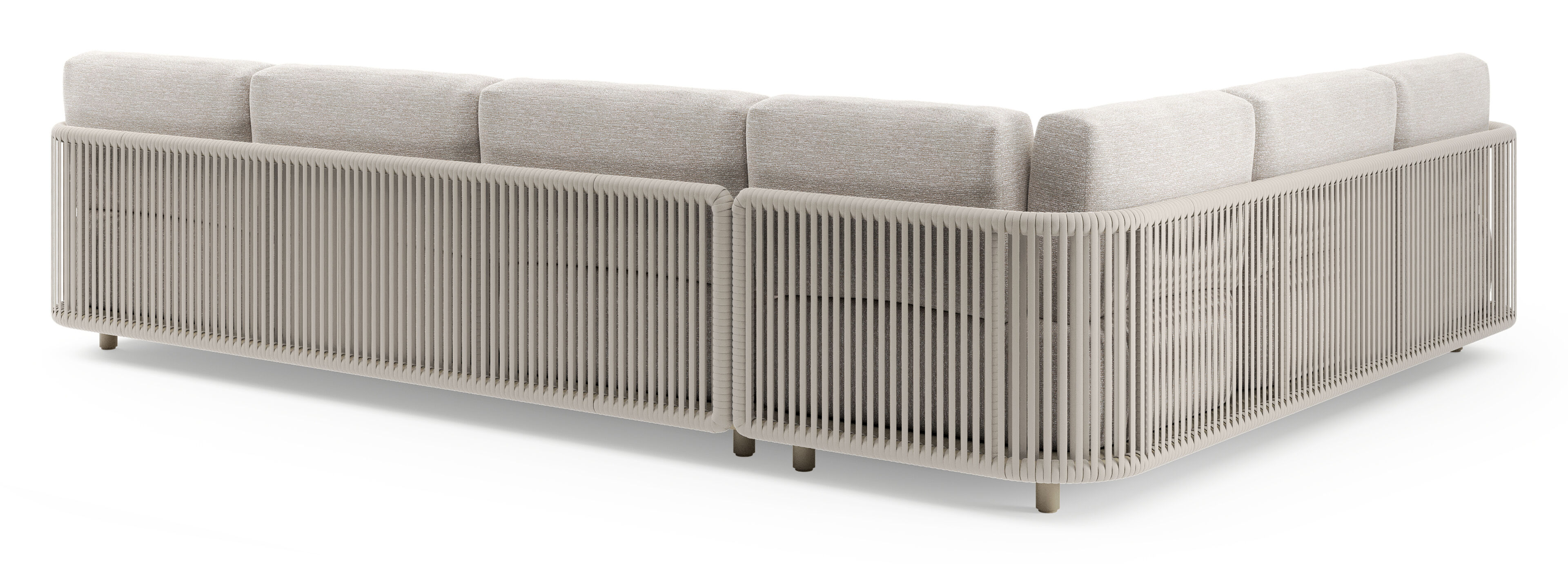 Organo loungehoek in beige aluminium en beige verticaal geweven luxe vlakke rope met tundra sand all weather Sunbrella® luxe kussen