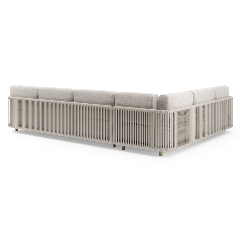 Organo loungehoek in beige aluminium en beige verticaal geweven luxe vlakke rope met tundra sand all weather Sunbrella® luxe kussen