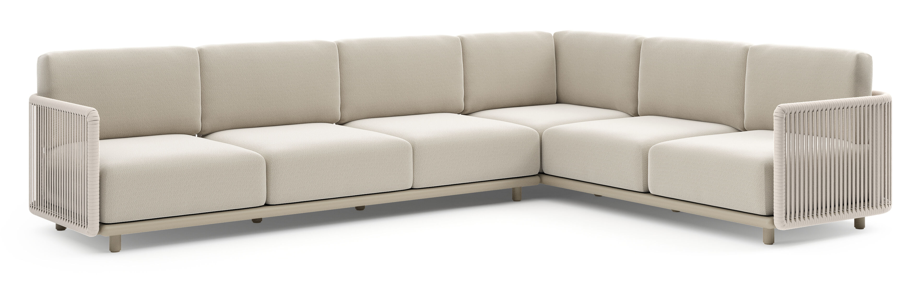 Organo loungehoek in beige aluminium en beige verticaal geweven luxe vlakke rope met lopi marble all weather Sunbrella® luxe kussen