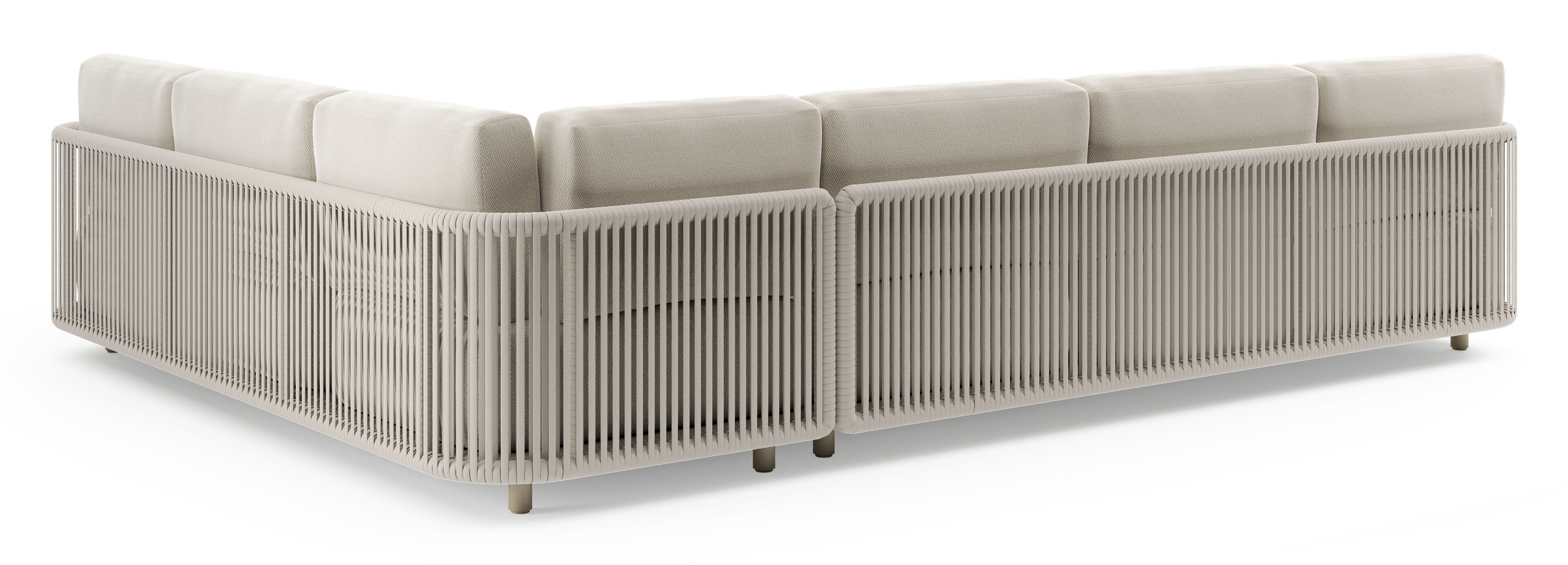 Organo loungehoek in beige aluminium en beige verticaal geweven luxe vlakke rope met lopi marble all weather Sunbrella® luxe kussen