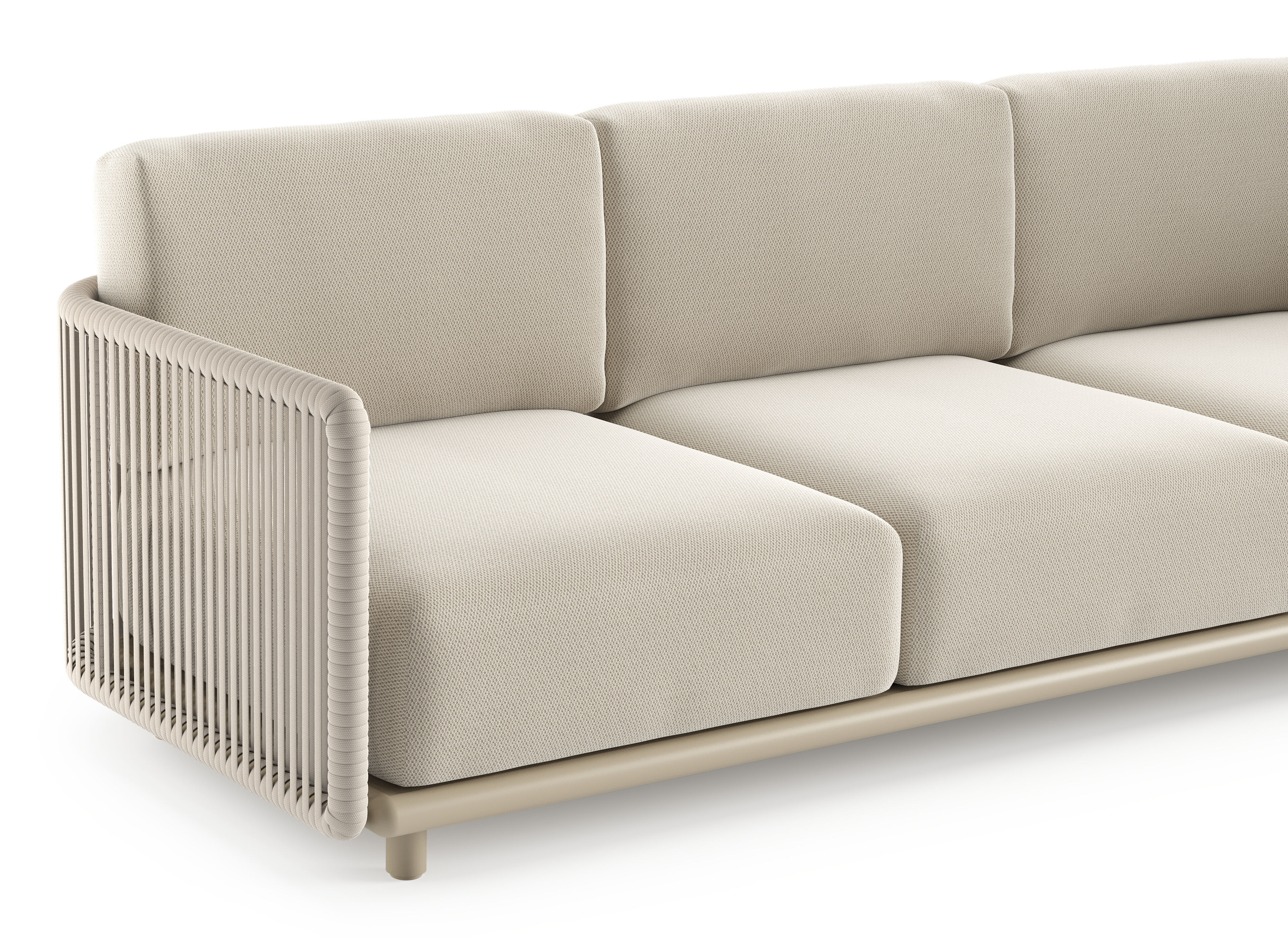 Organo loungehoek in beige aluminium en beige verticaal geweven luxe vlakke rope met lopi marble all weather Sunbrella® luxe kussen