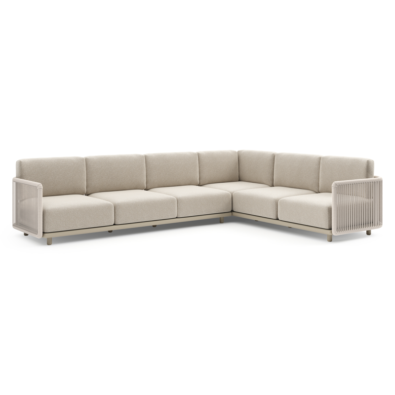 Salon de jardin d'angle Organo en aluminium beige et corde luxe plate tissée verticalement beige et coussin en all weather Cosytica marbella ecru