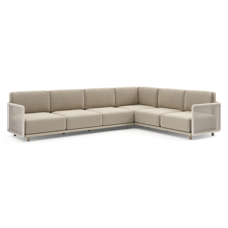 Salon de jardin d'angle Organo en aluminium beige et corde luxe plate tissée verticalement beige et coussin en all weather Cosytica marbella sand
