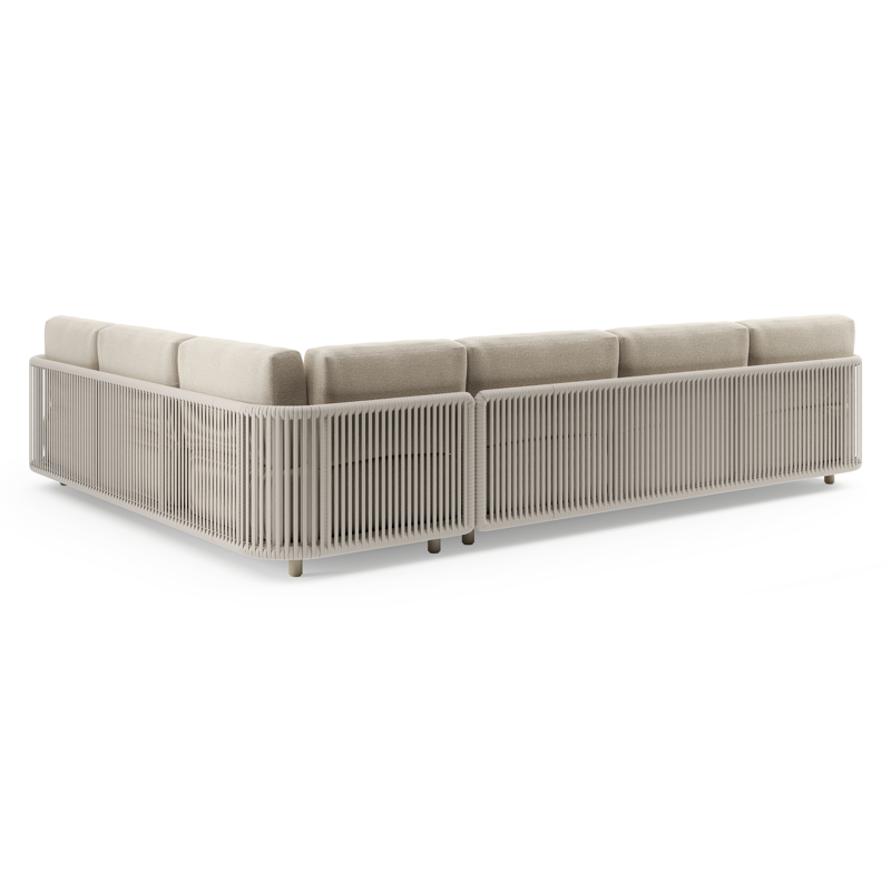 Salon de jardin d'angle Organo en aluminium beige et corde luxe plate tissée verticalement beige et coussin en all weather Cosytica marbella sand