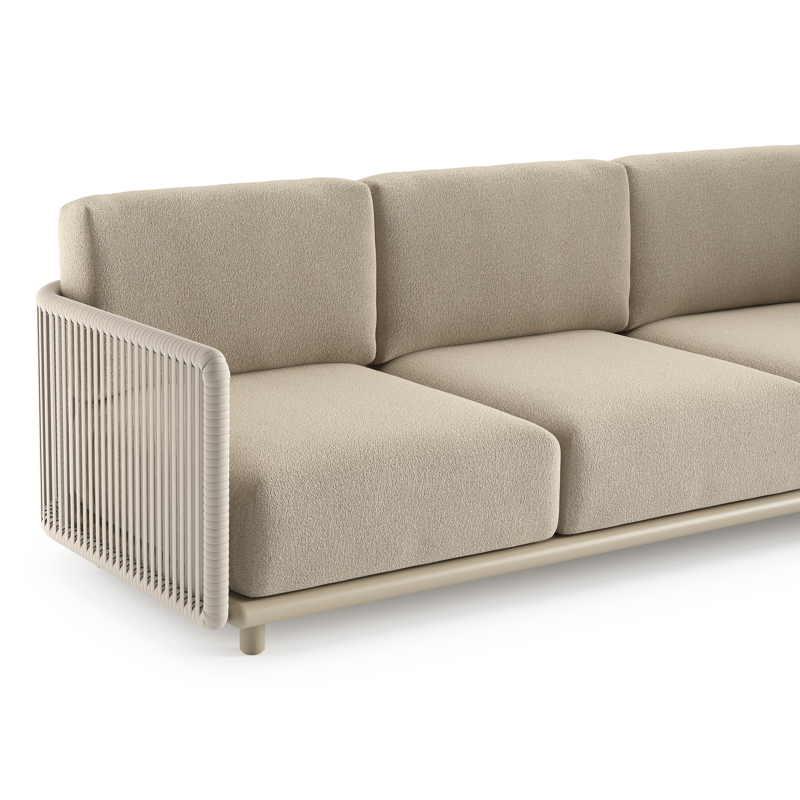 Salon de jardin d'angle Organo en aluminium beige et corde luxe plate tissée verticalement beige et coussin en all weather Cosytica marbella sand
