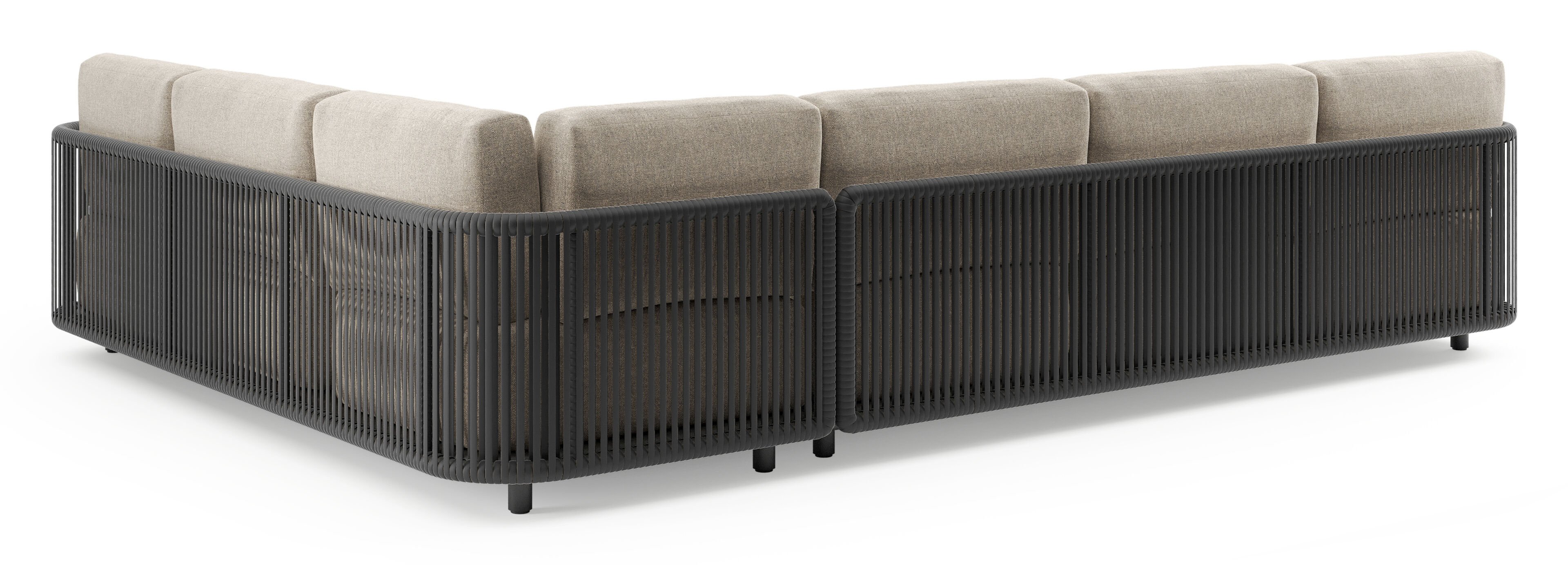 Organo loungehoek in zwart aluminium en zwart verticaal geweven luxe vlakke rope met chartres pewter all weather Sunbrella® luxe kussen