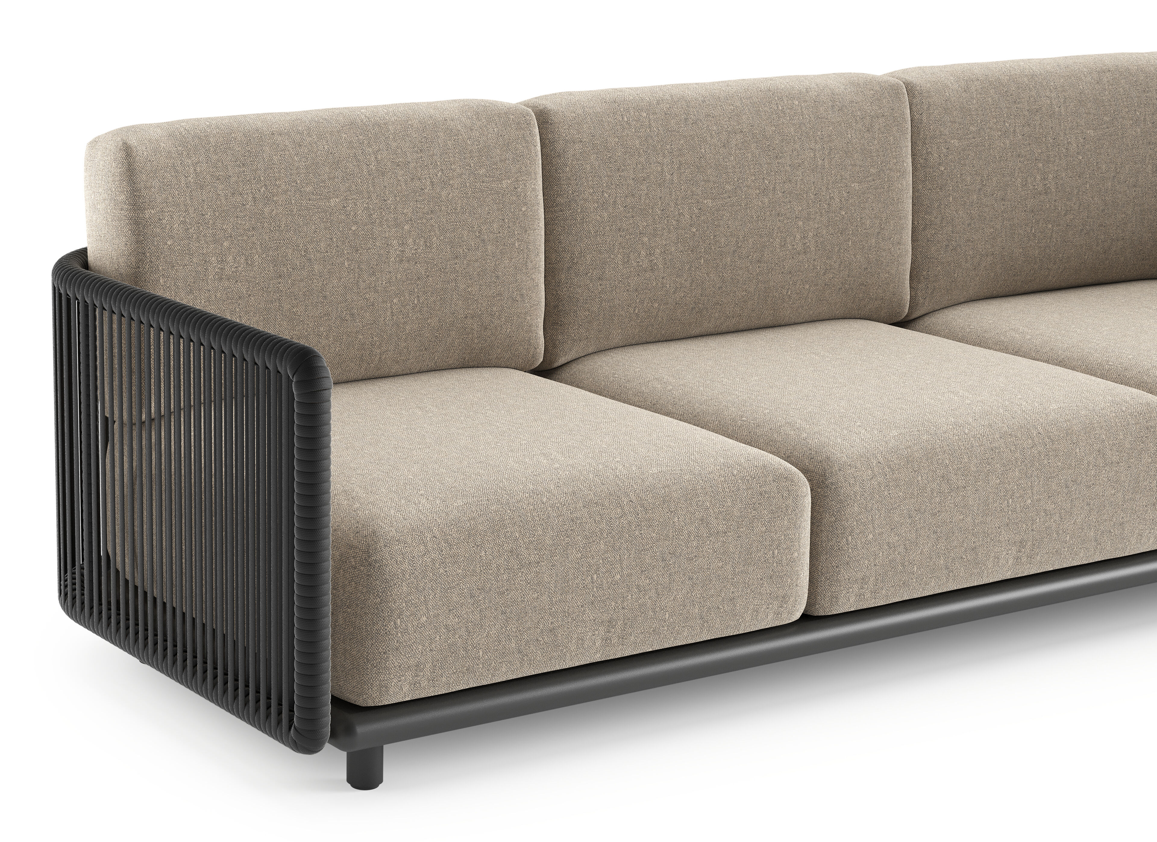 Organo loungehoek in zwart aluminium en zwart verticaal geweven luxe vlakke rope met chartres pewter all weather Sunbrella® luxe kussen