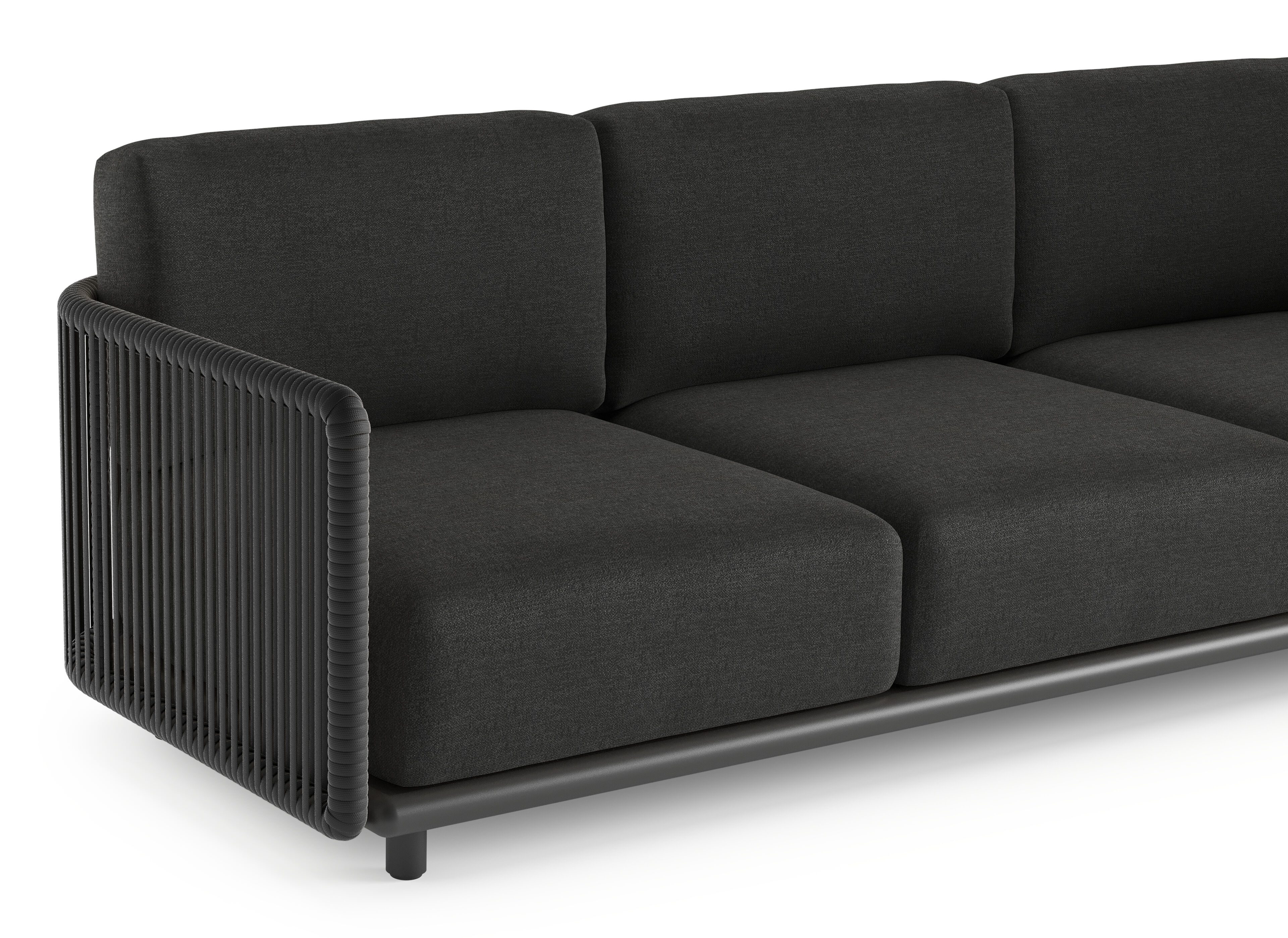 Organo loungehoek in zwart aluminium en zwart verticaal geweven luxe vlakke rope met chartres sooty all weather sunbrella® luxe kussens