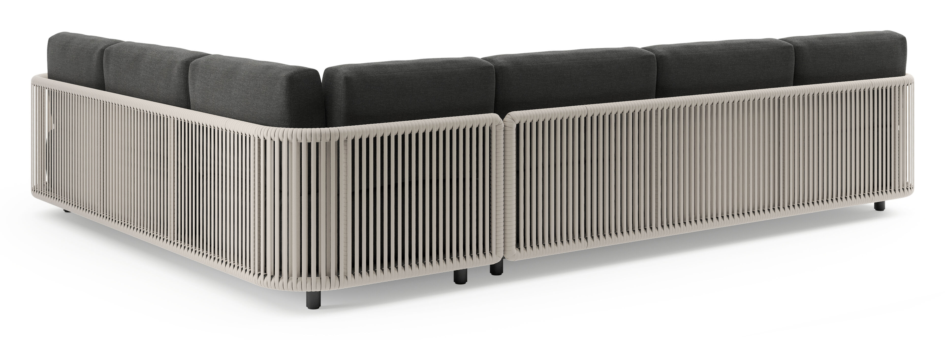 Organo loungehoek in zwart aluminium en beige verticaal geweven luxe vlakke rope met chartres sooty all weather sunbrella® luxe kussens