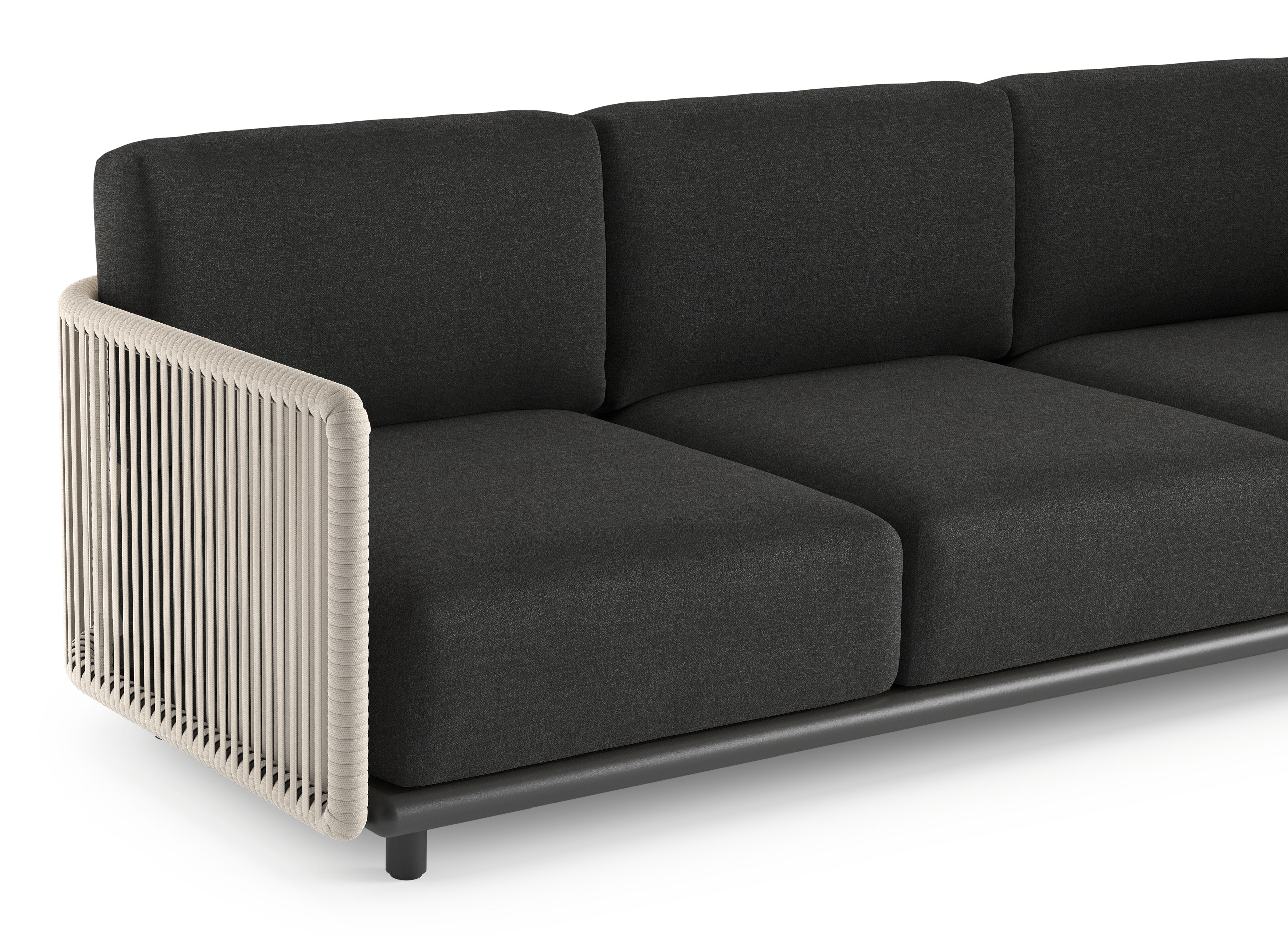 Organo loungehoek in zwart aluminium en beige verticaal geweven luxe vlakke rope met chartres sooty all weather sunbrella® luxe kussens