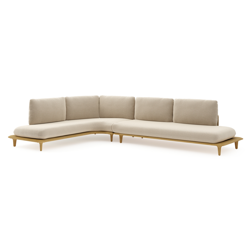 Salon de jardin d'angle Bomero en teck et coussins en all weather cosytica althea chalk