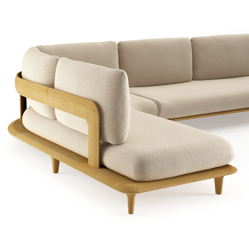 Salon de jardin d'angle Bomero en teck et coussins en all weather cosytica althea chalk