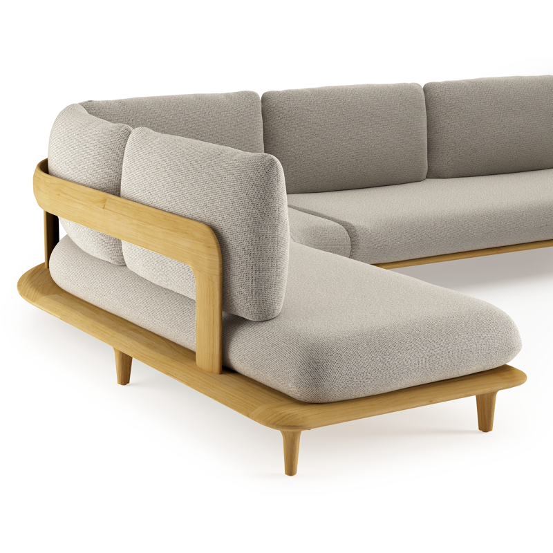 Salon de jardin d'angle Bomero en teck et coussins en all weather solica firenze sand