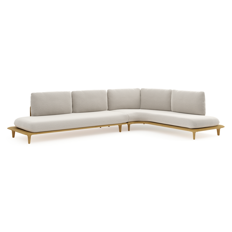 Salon de jardin d'angle Bomero en teck et coussins en all weather solica firenze natural