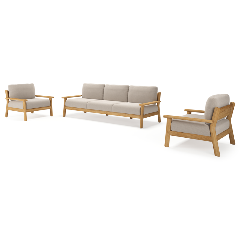 Salon de jardin Amaro en teck et coussins en all weather sunbrella® luxe lopi fossil