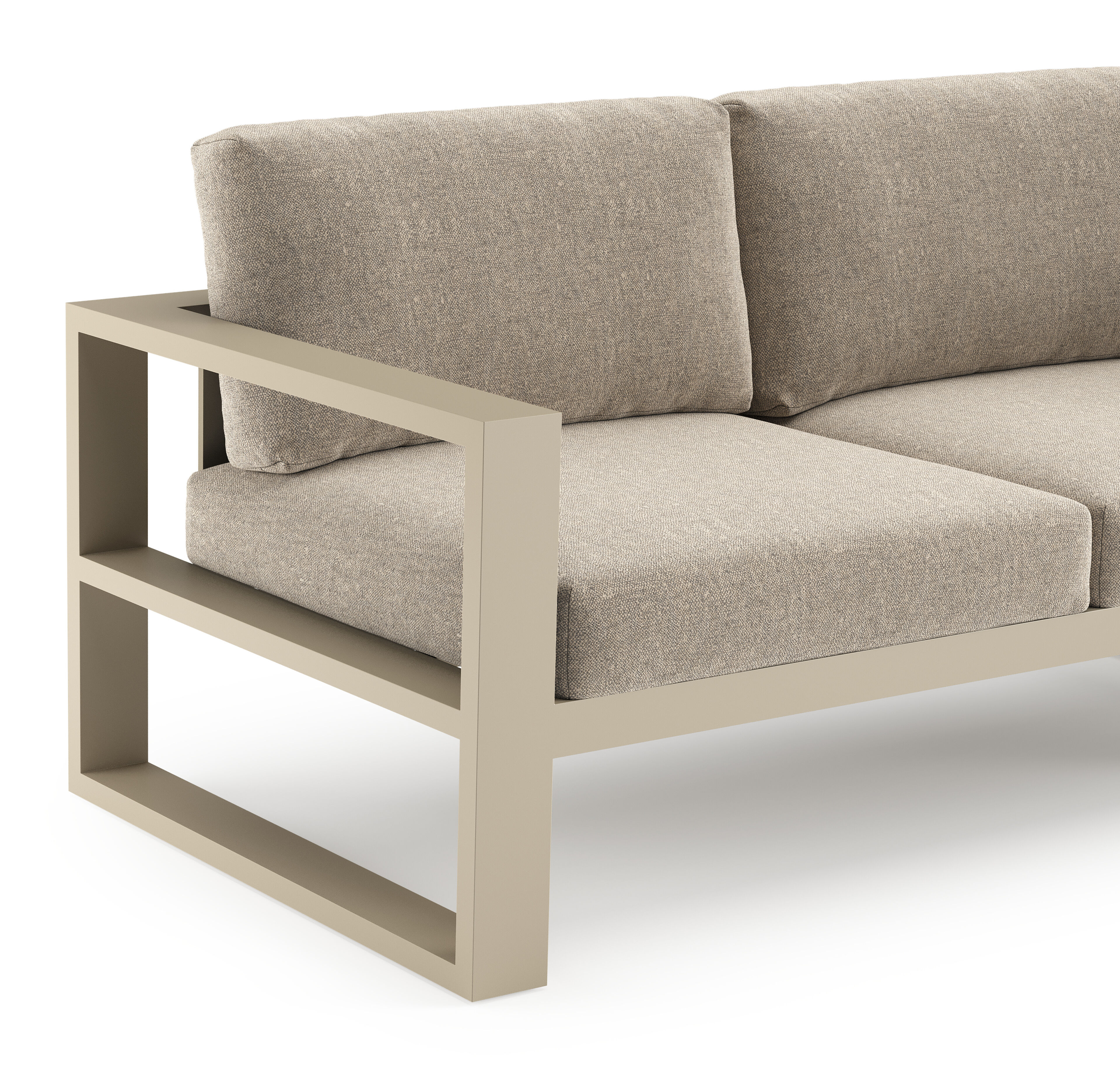 Salon de jardin d'angle Verato en aluminium beige et coussins en all weather sunbrella® luxe chartres pewter