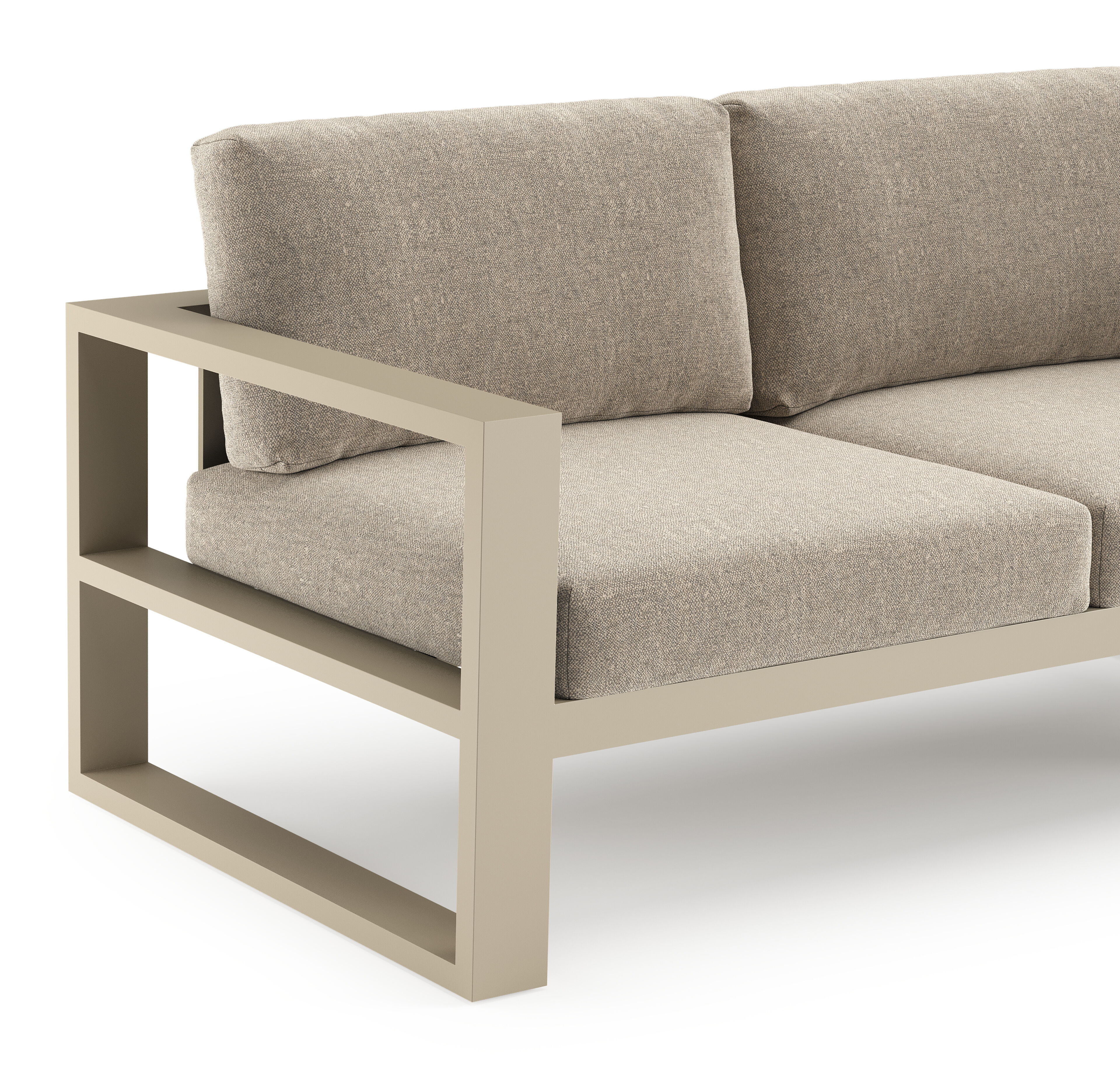 Verato loungehoek in beige aluminium met chartres pewter all weather sunbrella® luxe kussen