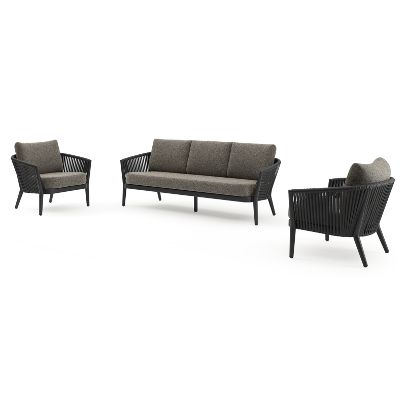 Orso loungeset in zwart aluminium en zwart verticaal geweven luxe vlakke rope met Marbella Tunder all weather cosytica kussen
