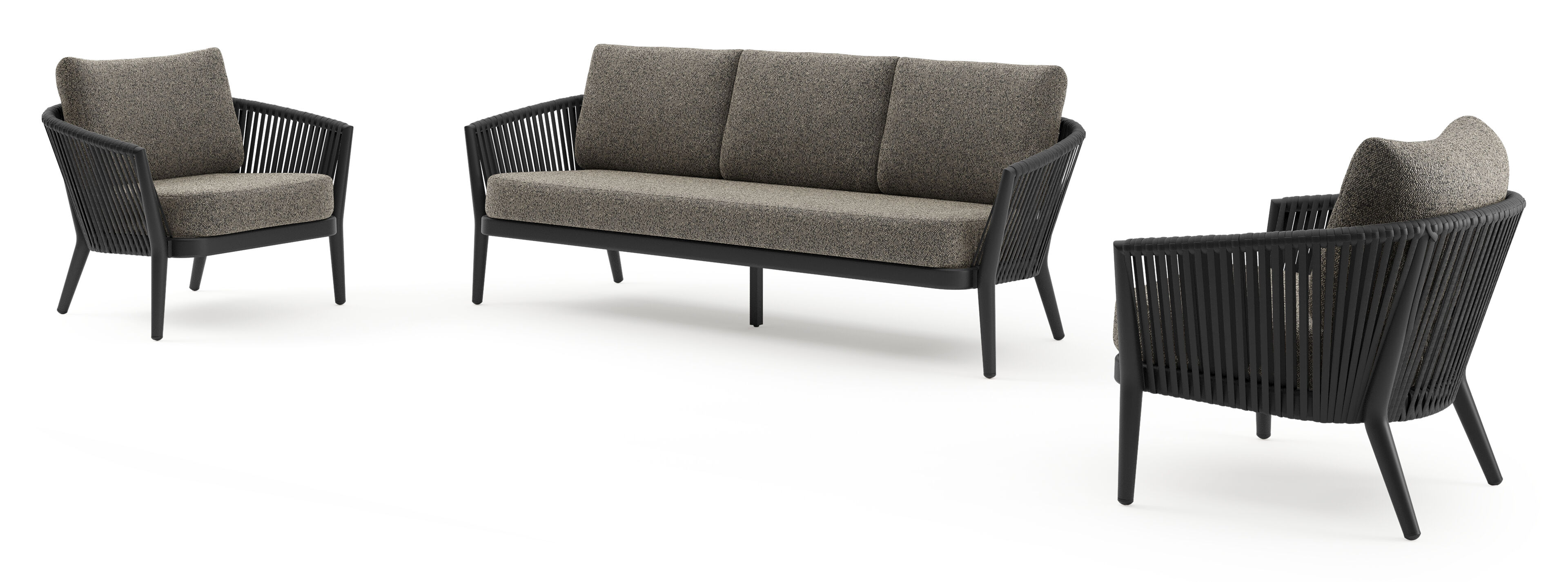 Orso loungeset in zwart aluminium en zwart verticaal geweven luxe vlakke rope met Marbella Tunder all weather cosytica kussen