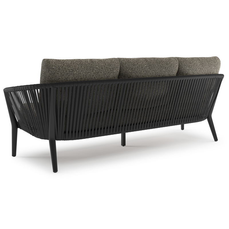 Orso loungeset in zwart aluminium en zwart verticaal geweven luxe vlakke rope met Marbella Tunder all weather cosytica kussen
