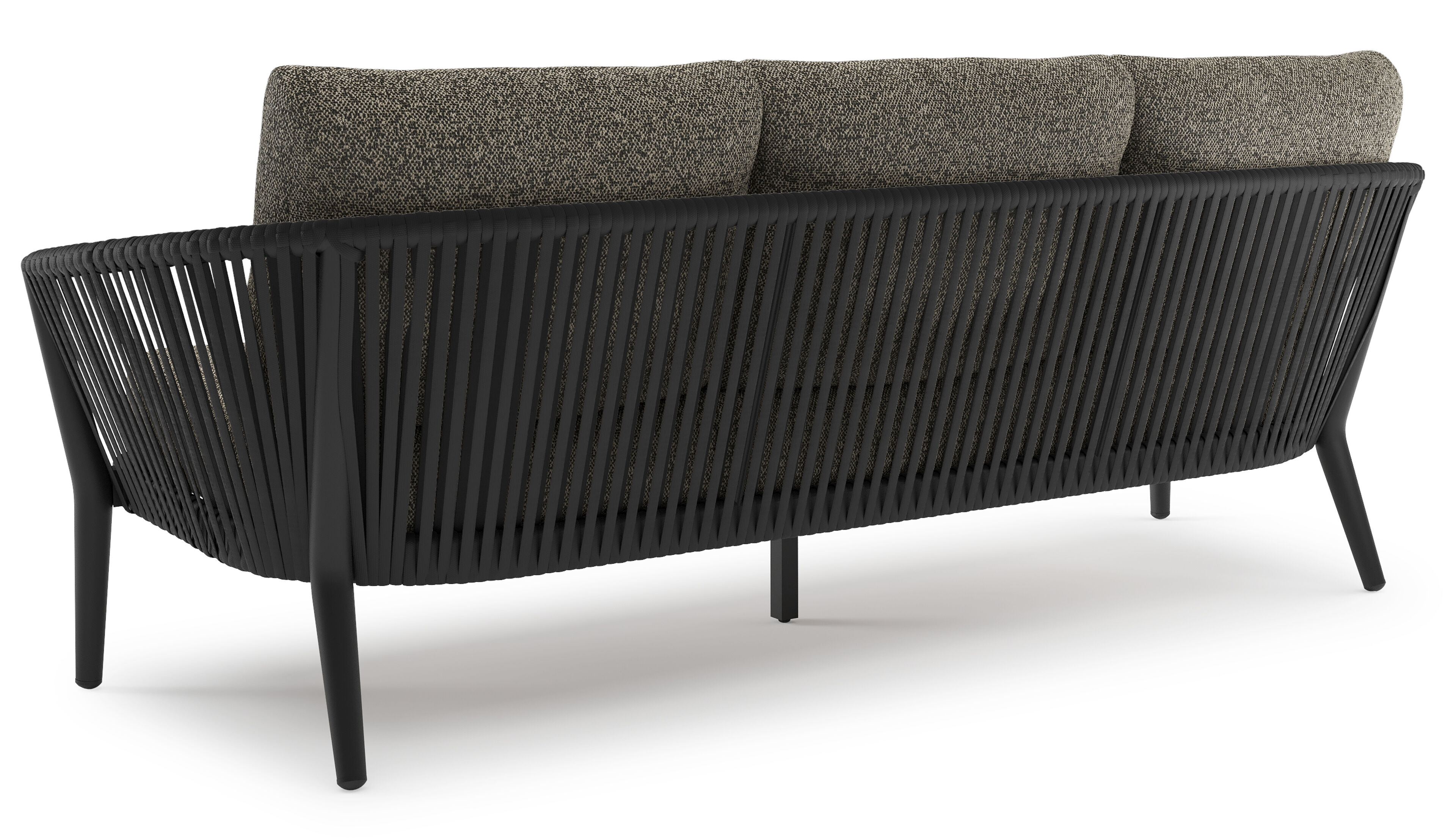 Orso loungeset in zwart aluminium en zwart verticaal geweven luxe vlakke rope met Marbella Tunder all weather cosytica kussen