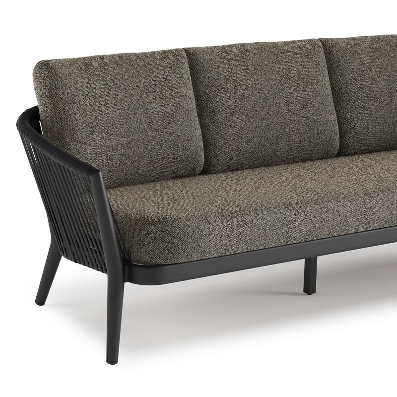Orso loungeset in zwart aluminium en zwart verticaal geweven luxe vlakke rope met Marbella Tunder all weather cosytica kussen