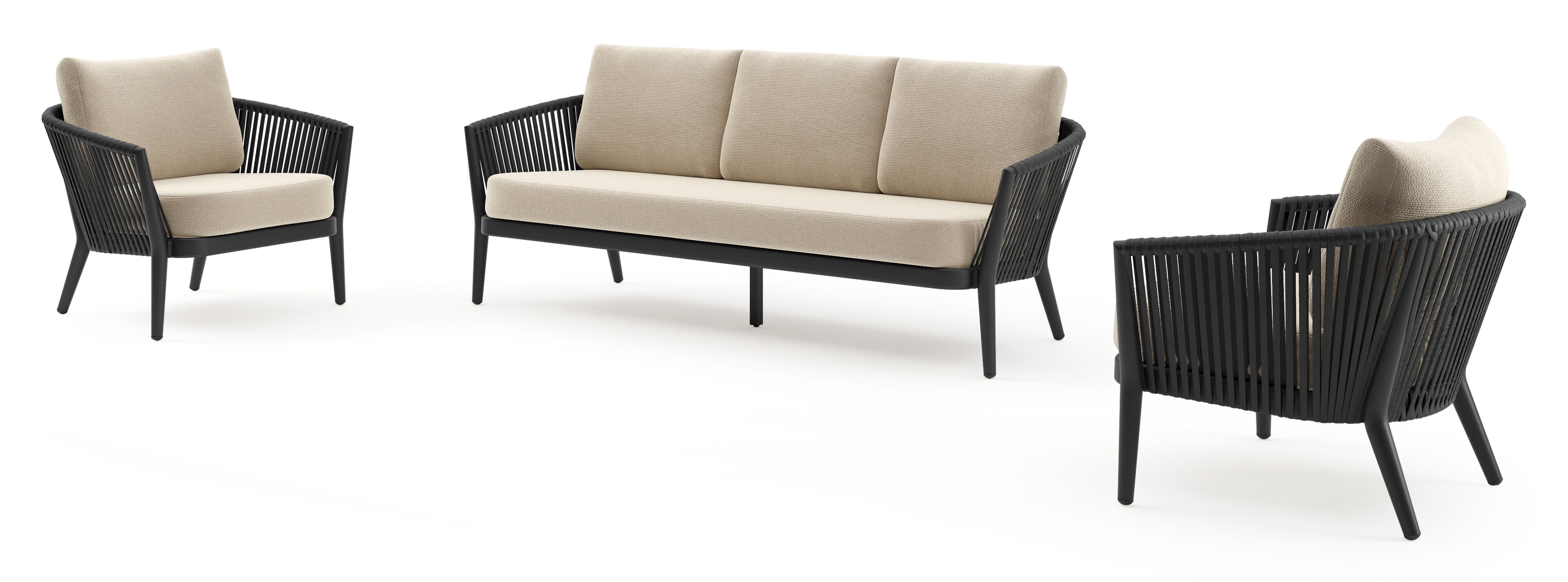 Orso loungeset in zwart aluminium en zwart verticaal geweven luxe vlakke rope met Althea Chalk all weather cosytica kussen