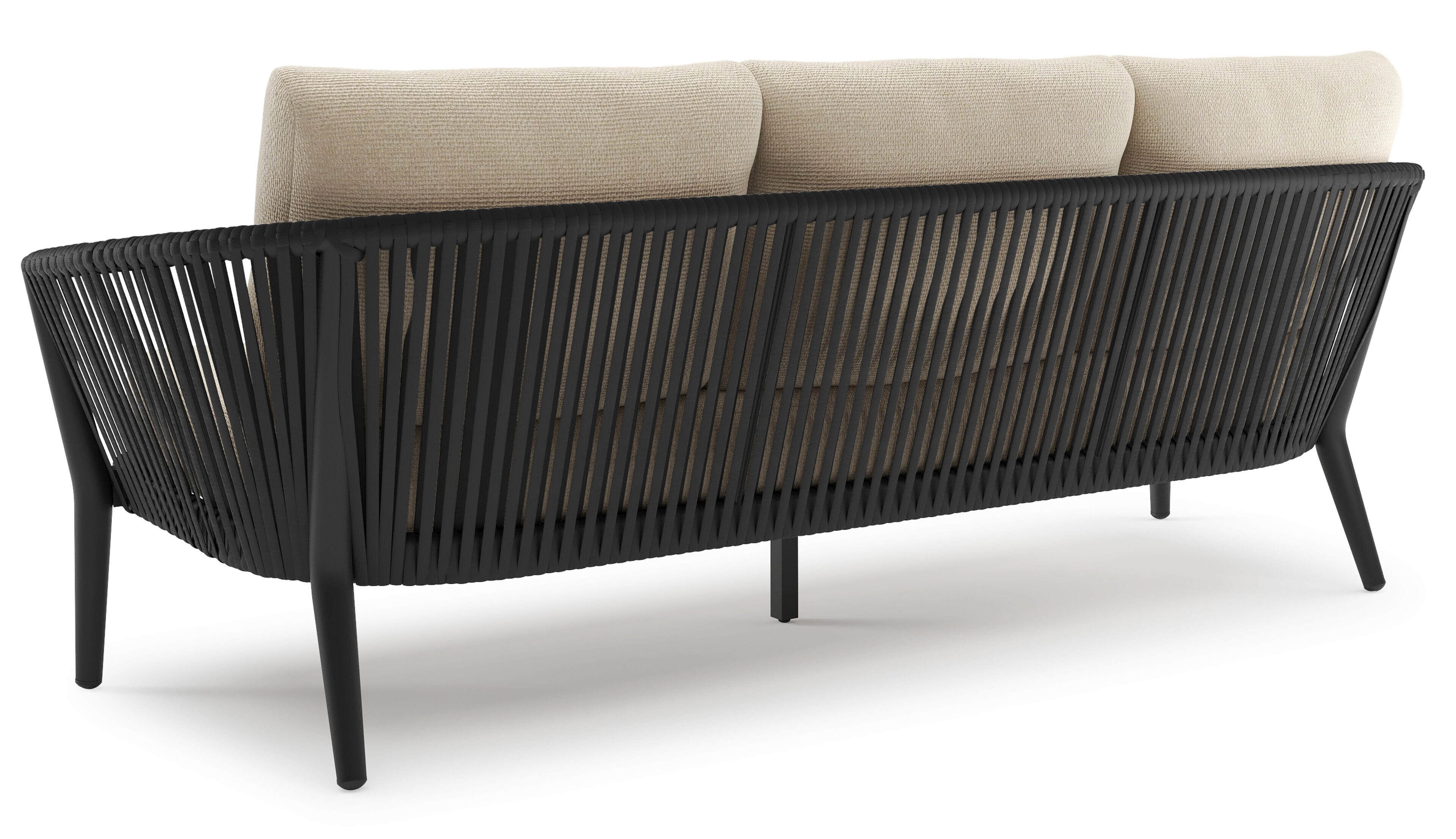 Orso loungeset in zwart aluminium en zwart verticaal geweven luxe vlakke rope met Althea Chalk all weather cosytica kussen